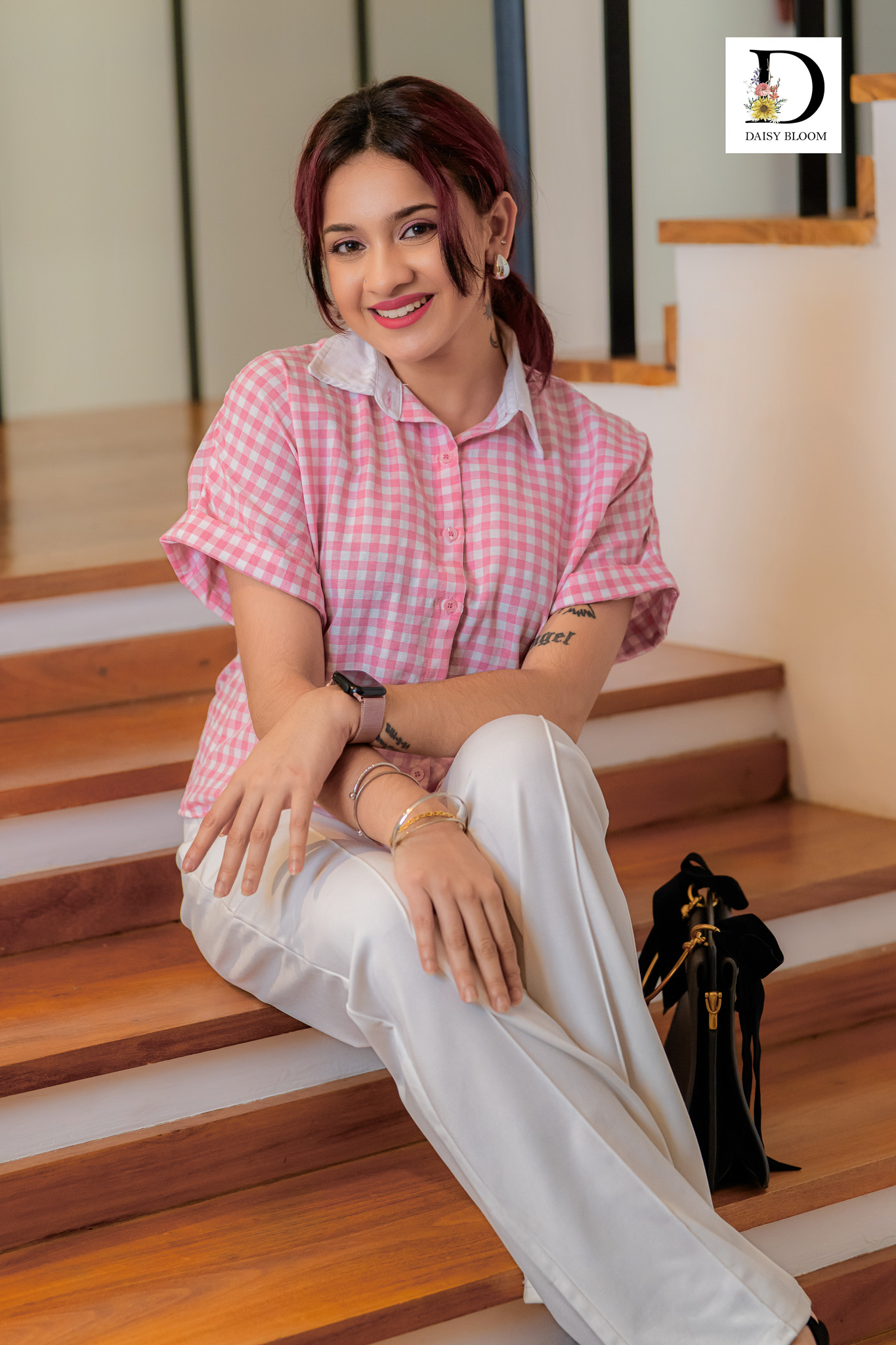 Checkered contrast collar cotton linen shirt - baby pink