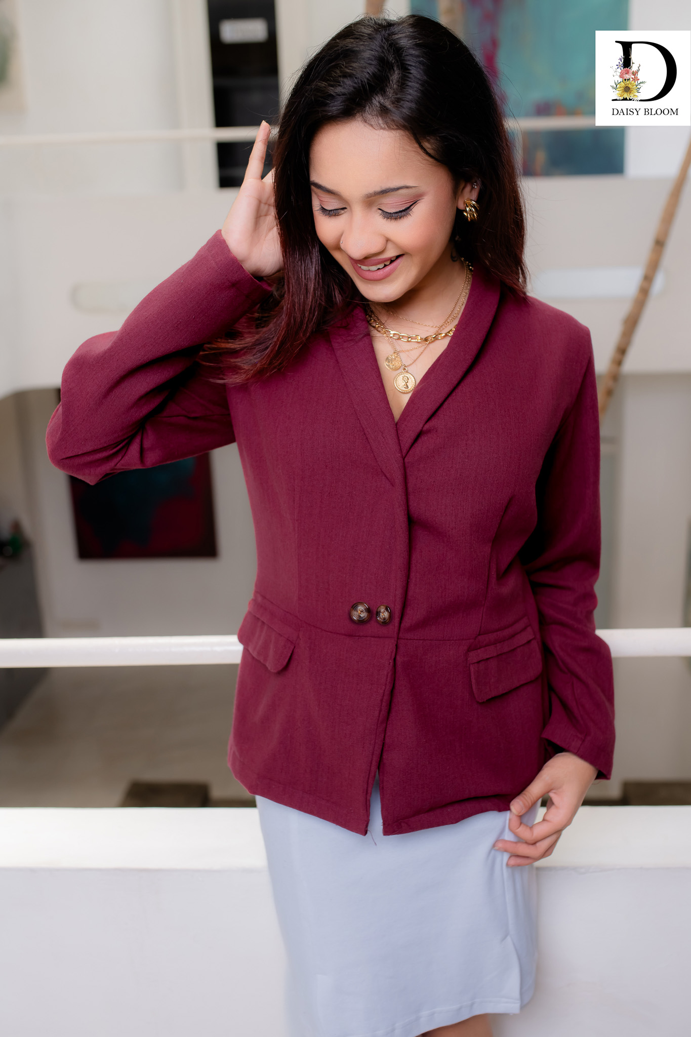 Blazer styled linen top - Burgundy